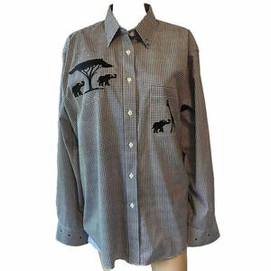 Hot Dames By Belle Button Up Shirt Black White Plaid Safari Animals Women L